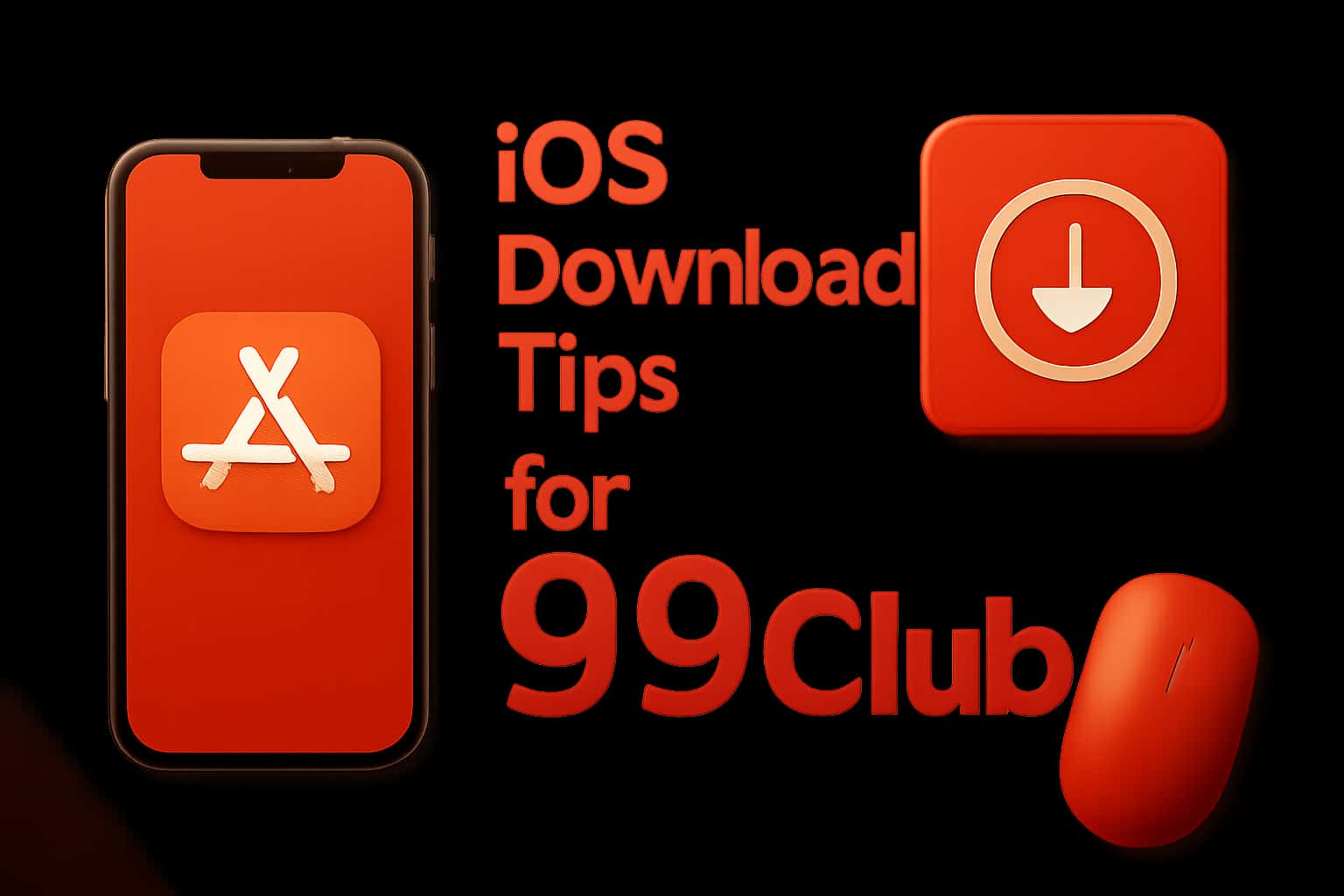Informational scene showcasing iOS download tips for the 99 Club app.
