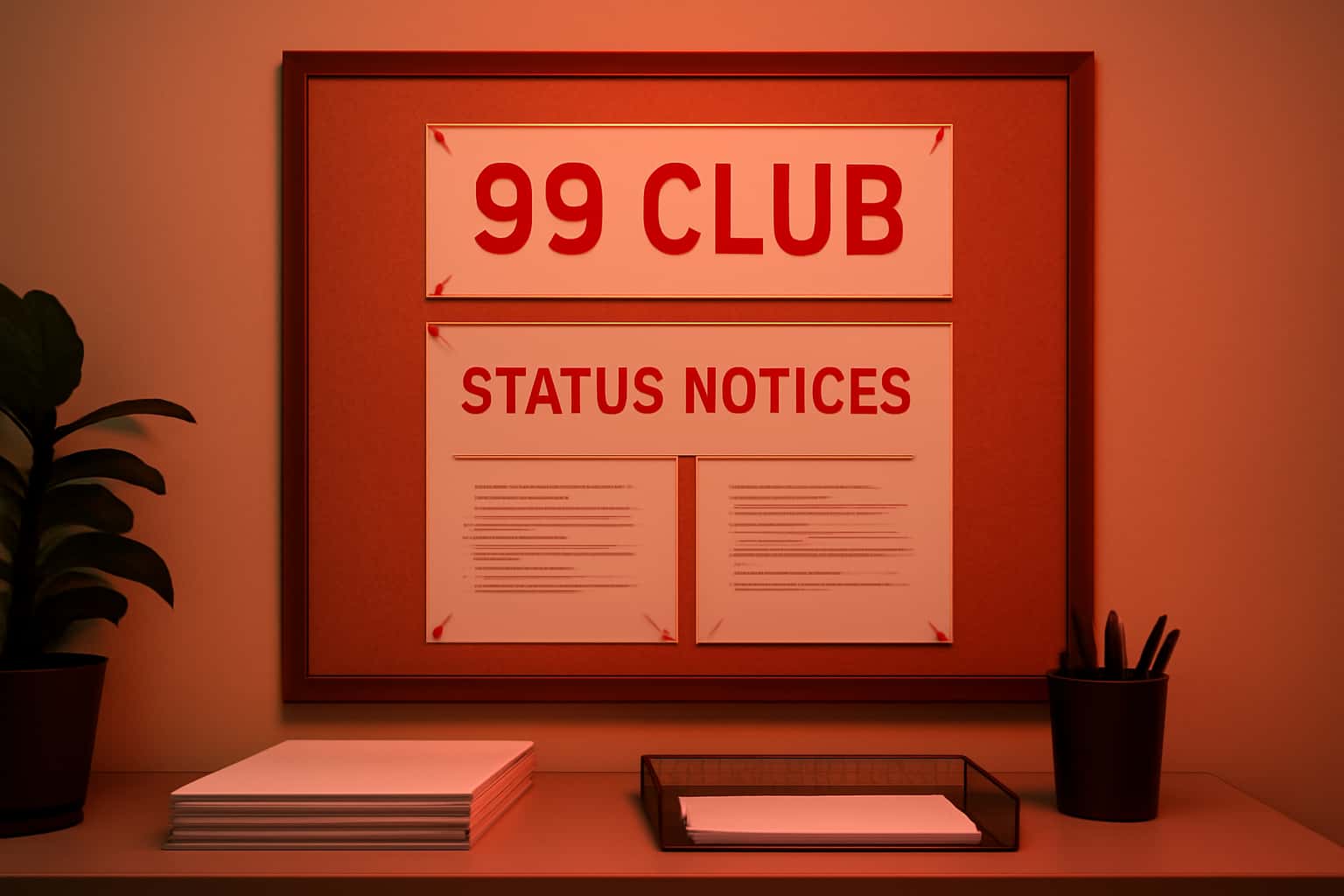 An informative scene depicting updates related to 99 Club Status Notices.